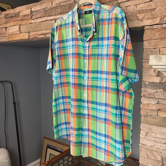 LINCS Madras Plaid Linen Summer SS Shirt Cool Cotton Casual Comfort Green XXL - Picture 2 of 10